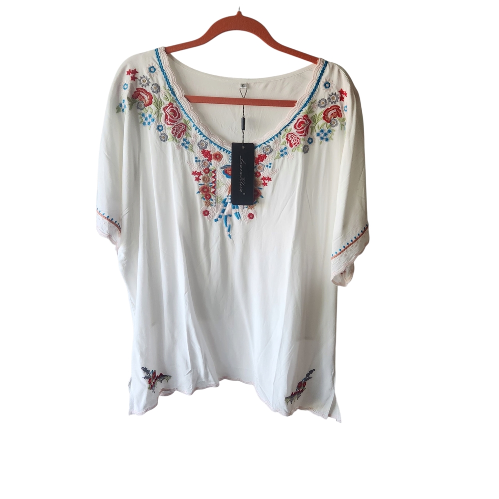Laura Klein Women's Floral Embroidered Boho Peasant Tunic Top White Size XL NEW